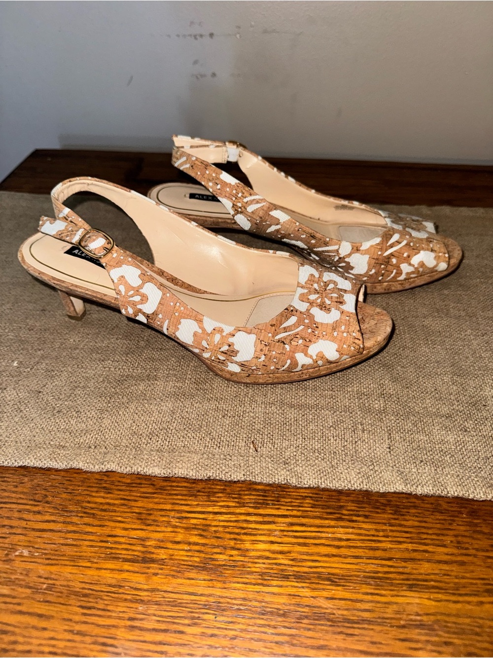 Alex Marie Tan & White Floral Slingback Kitten Heels
